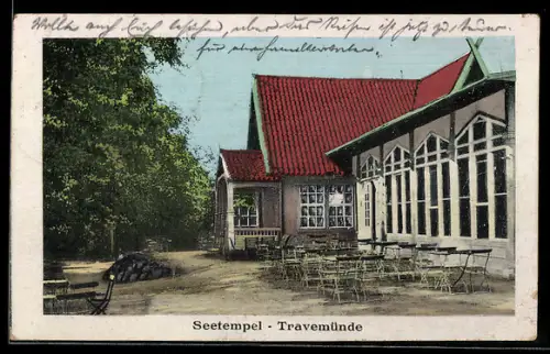 AK Travemünde, Partie am Gasthaus Seetempel mit Gartenlokal