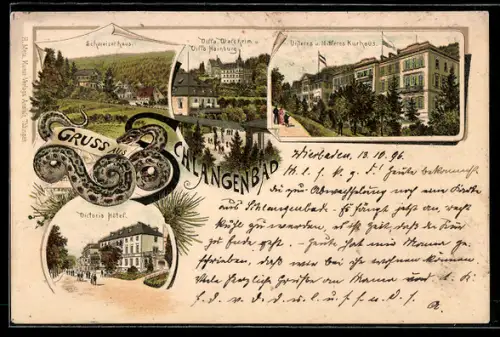 Lithographie Schlangenbad, Victoria Hotel, Villa Waldheim und Villa Hainburg