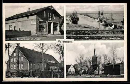 AK Wremen, Gemischtwarengeschäft W. Wöbber, Wremer Tief und Kirche
