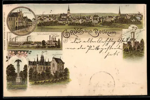 Lithographie Beckum, Totalansicht des Ortes mit Kirche, Aussichtsturm und Kriegerdenkmal
