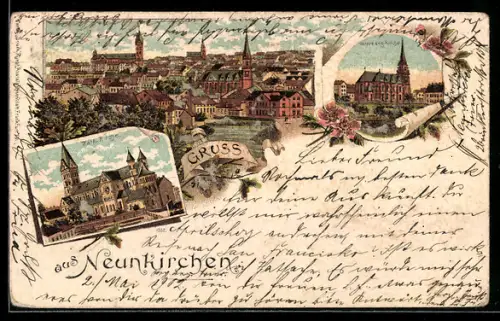 Lithographie Neunkirchen, Totalansicht mit Kirchen, Evangelische und Katholische Kirche