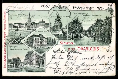 Lithographie Saarlouis, Marktplatz, Kriegerdenkmal, Hauptbahnhof, Marktplatz