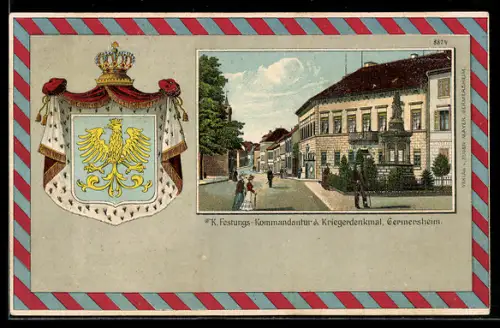 Passepartout-Lithographie Germersheim, Blick auf K. Festungskommandantur & Kriegerdenkmal, Wappen