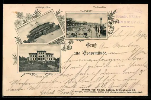 AK Travemünde, Strandpavillon, Vorderreihen und Strand-Hotel in der Aussenansicht