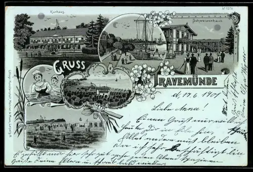 Mondschein-Lithographie Travemünde, Kurhaus, Partie am Hafen mit Segelschiffen, Schweizerhaus