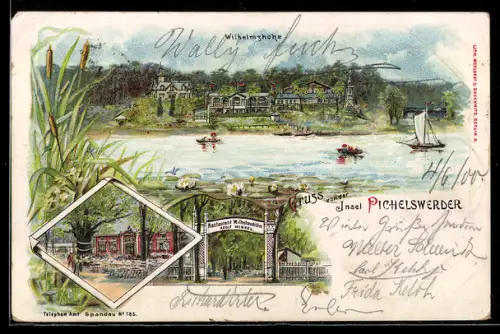 Lithographie Berlin-Pichelsberge, Restauration Wilhelmshöhe auf Insel Pichelswerder
