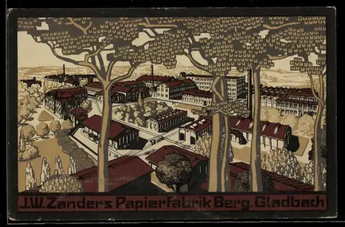 Steindruck-AK Berg. Gladbach, J. W. Zanders Papierfabrik
