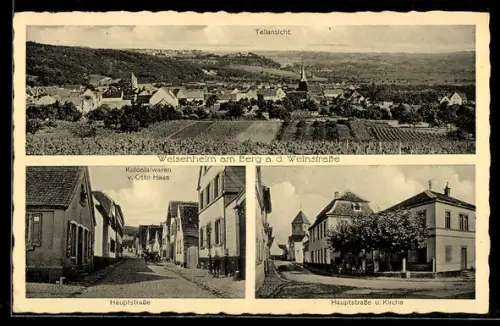AK Weisenheim am Berg, Hauptstrasse mit Kolonialwarengeschäft von Otto Haas, Kirche, Teilansicht der Ortschaft
