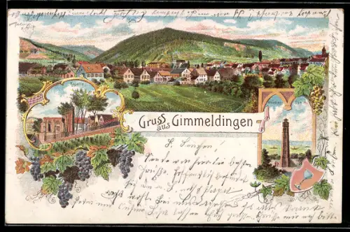 Lithographie Gimmeldingen, Weinbiet-Turm, Kapelle, Totalansicht der Ortschaft mit Weinbergen
