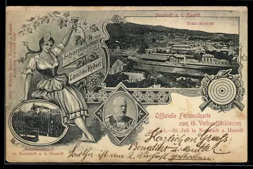 AK Neustadt a. d. Haardt, Festpostkarte 19. Verbandsschiessen, Prinz Ludwig von Bayern, Totalansicht der Ortschaft