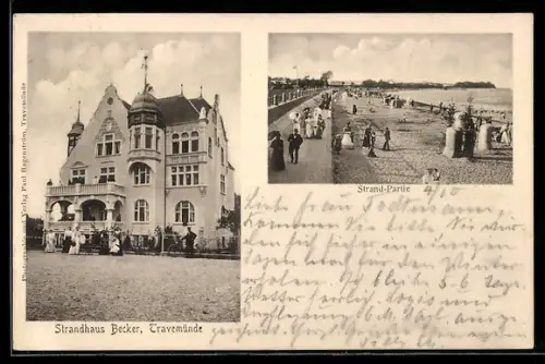 AK Travemünde, Hotel Strandhaus Becker und Strand-Partie an der Ostsee