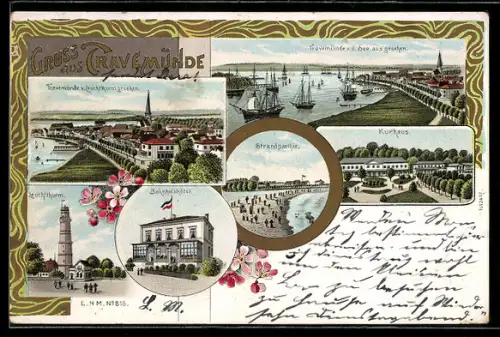 Lithographie Travemünde, Ortsansicht, Leuchtturm, Bahnhofshotel und Kurhaus