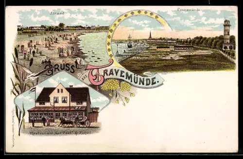 Lithographie Travemünde, Restaurant zur Post v. H. Schütt, Strandpartie, Ortsansicht