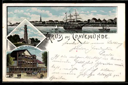 Lithographie Travemünde, Hotel de Russie, Leuchtturm, Uferpartie