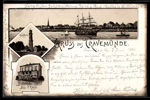 Lithographie Travemünde, Totalansicht mit Leuchtturm und Strandpavillon