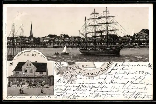 Lithographie Travemünde, Restaurant zur Post v. H. Schütt, Segelschiff passiert den Ort, Pferdekutsche