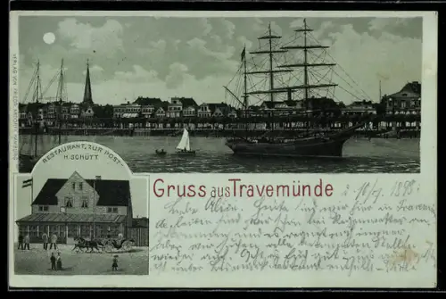 Mondschein-AK Travemünde, Restaurant zur Post von H. Schütt, Dreimastbark im Hafen