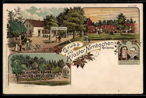 Lithographie Grimma, Ansichten vom Gasthaus Kloster Nimbschen, Kloster-Ruine
