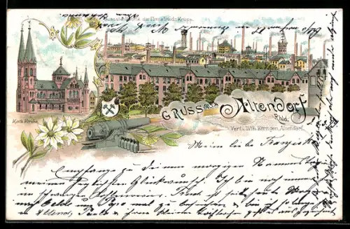 Lithographie Altendorf /Rhld., Gussstahlfabrik der Firma Friedrich Krupp, Katholische Kirche, feuerndes Geschütz