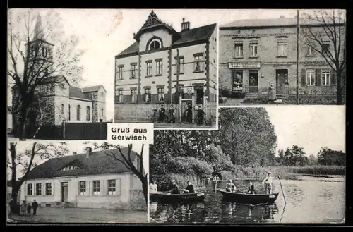 AK Gerwisch, Materialwarenhandlung von August Dömeland, Ansicht der Kirche, Weiher mit Ruderbooten