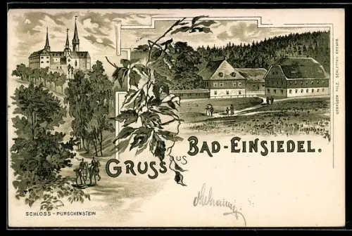 Lithographie Bad Einsiedel, Schloss Purchenstein, Blick zum Ort, Reiter