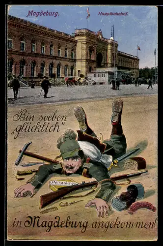 Grusskarten-AK Magdeburg, Reisender Soldat stürzt vor dem Hauptbahnhof
