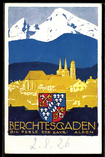 Künstler-AK Ludwig Hohlwein: Berchtesgaden, Ortsansicht gegen die Alpen, Wappen