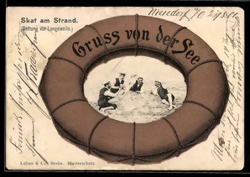 Grusskarten-AK Niendorf, Skat am Strand, Rettungsring-Passepartout