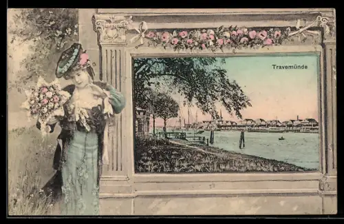 Passepartout-AK Travemünde, Panorama & Dame mit Blumen
