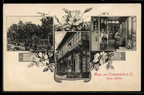 AK Travemünde a. O., Hotel-Pension Haus Minlos, Innenansicht, Gartenpartie
