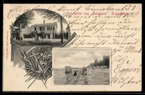 AK Travemünde, Hotel Sanssouci, Strandpartie, Anker und Ruder