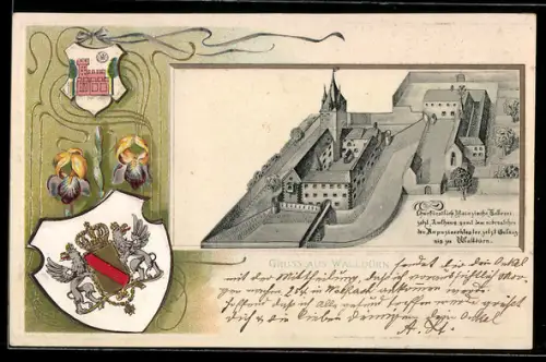 Passepartout-Lithographie Walldürn, Amtshaus und Gefängnis, Wappen und Schwertlilie