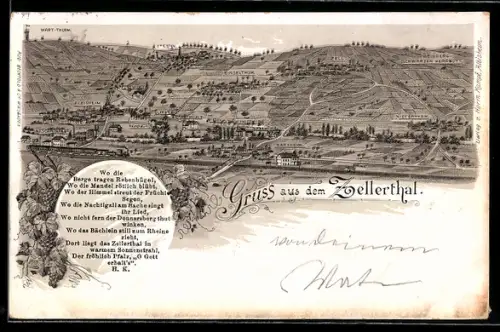 Lithographie Harxheim /Zellertal, Panorama mit Einselthum, Albisheim und Niefernheim
