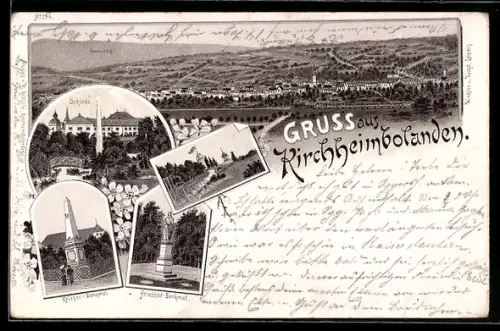 Lithographie Kirchheimbolanden, Friedhof-Denkmal, Schloss, Krieger-Denkmal