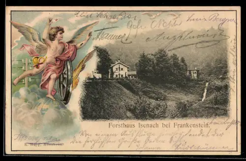 Passepartout-Lithographie Isenach bei Frankenstein, Partie am Forsthaus, Engel mit Rad und Globus