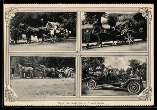 AK Travemünde, Blumenkorso mit geschmückten Pferdewagen und Automobilen