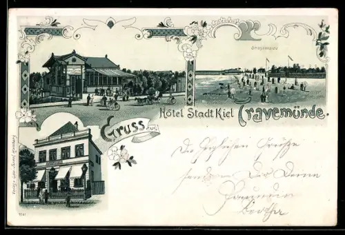 Lithographie Travemünde, Hotel Stadt Kiel und Strandansicht