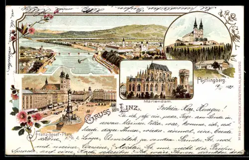 Lithographie Linz, Panorama, Pöstlingberg, Mariendom und Franz-Josef-Platz