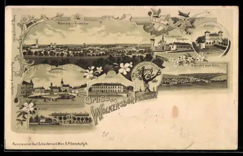 Lithographie Wolkersdorf /Staatsbahn, Ortsansicht von Rosenecken aus gesehen, Schloss, Lourdeskapelle, Bahnhof