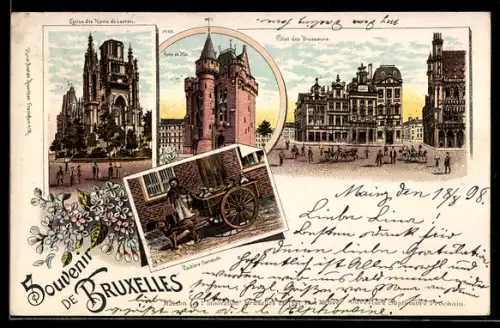 Lithographie Brüssel / Bruxelles, Hotel des Brasseurs, Porte de Hal, Laitiere flamande, Eglise Ste. Marme de Laeken