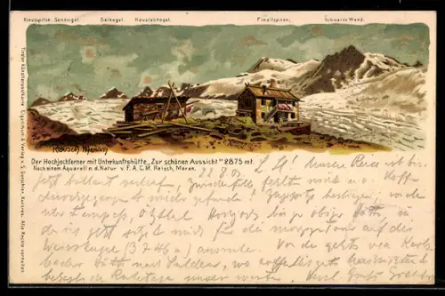 Künstler-AK F.A.C.M. Reisch: Schöne-Aussicht-Hütte mit Bergspitzen