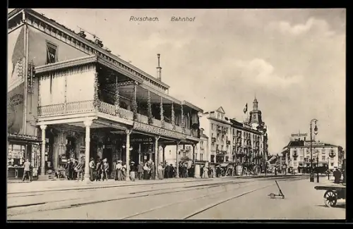 AK Rorschach, Bahnhof mit Restaurant, Hotel Schiff und Hirschen
