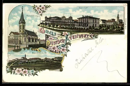 Lithographie Deutsch Avricourt, Bahnhof, Protest. Kirche, Beamtenkolonie