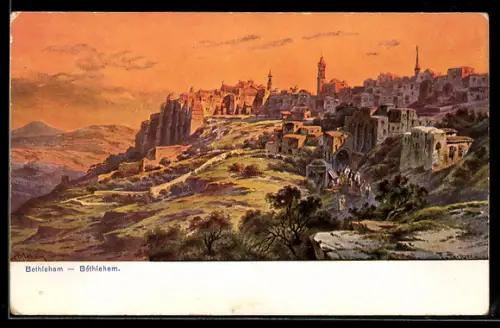 Künstler-AK Friedrich Perlberg: Bethlehem, Totalansicht bei Sonnenuntergang