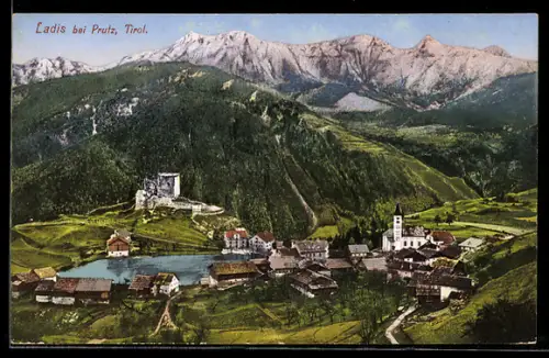 AK Ladis b. Prutz i. Tirol, Gesamtansicht aus der Vogelschau, Alpenpanorama