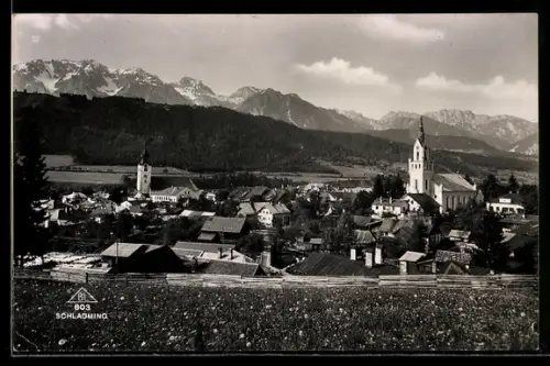 AK Schladming, Totalansicht des Ortes mit Blick auf die Kirchen
