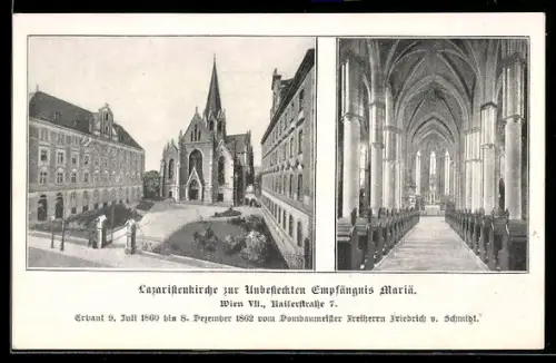 AK Wien, Lazaristenkirche zur Unbefleckten Empfängnis Mariä, Kaiserstrasse 7, Aussen- und Innenansicht