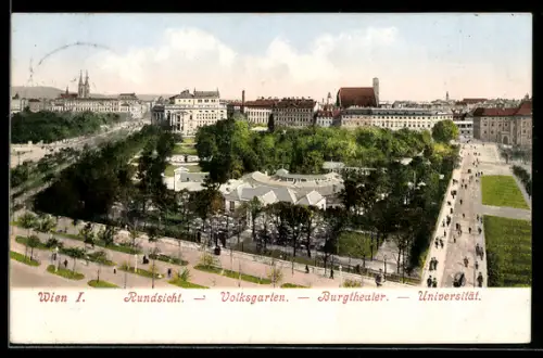 AK Wien, Rundsicht mit Volksgarten, Burgtheater und Universität