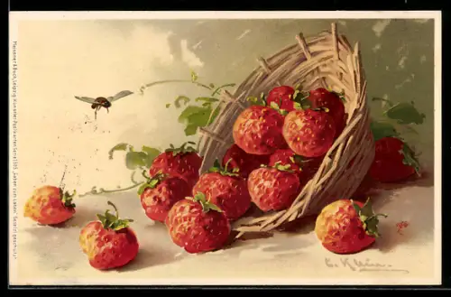 Künstler-AK Catharina Klein: Stillleben mit Erdbeeren im Korb und einer Fliege