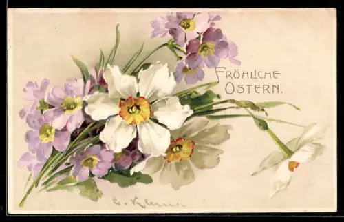 Künstler-AK Catharina Klein: Blühende weisse und zartlila Blumen